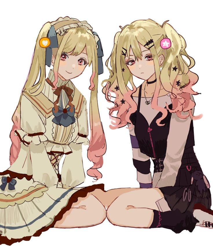 the image shows two anime girls sitting side by side. the girl on the left is wearing a white and beige lolita dress with ribbons and bows. her blonde hair is styled in pigtails with blue ribbons. the girl on the right is wearing a black mini skirt and a black top with a white longsleeve shirt underneath. her blonde hair is styled in curly pigtails and is decorated with black star hair clips and a pink star hair clip. her hair has a pink gradient at the ends. she is also wearing a black choker.