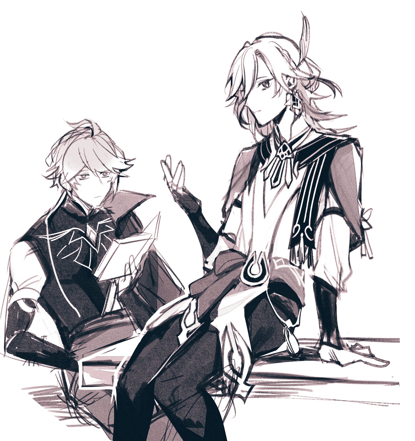 a sketch of two anime boys sitting together. the boy on the left is wearing black clothes and holding a book in his lap. the boy on the right is wearing white clothing and has a feather in his hair. they are both looking at each other and seem to be in the middle of a conversation.  the artwork has a soft and sketchy style.