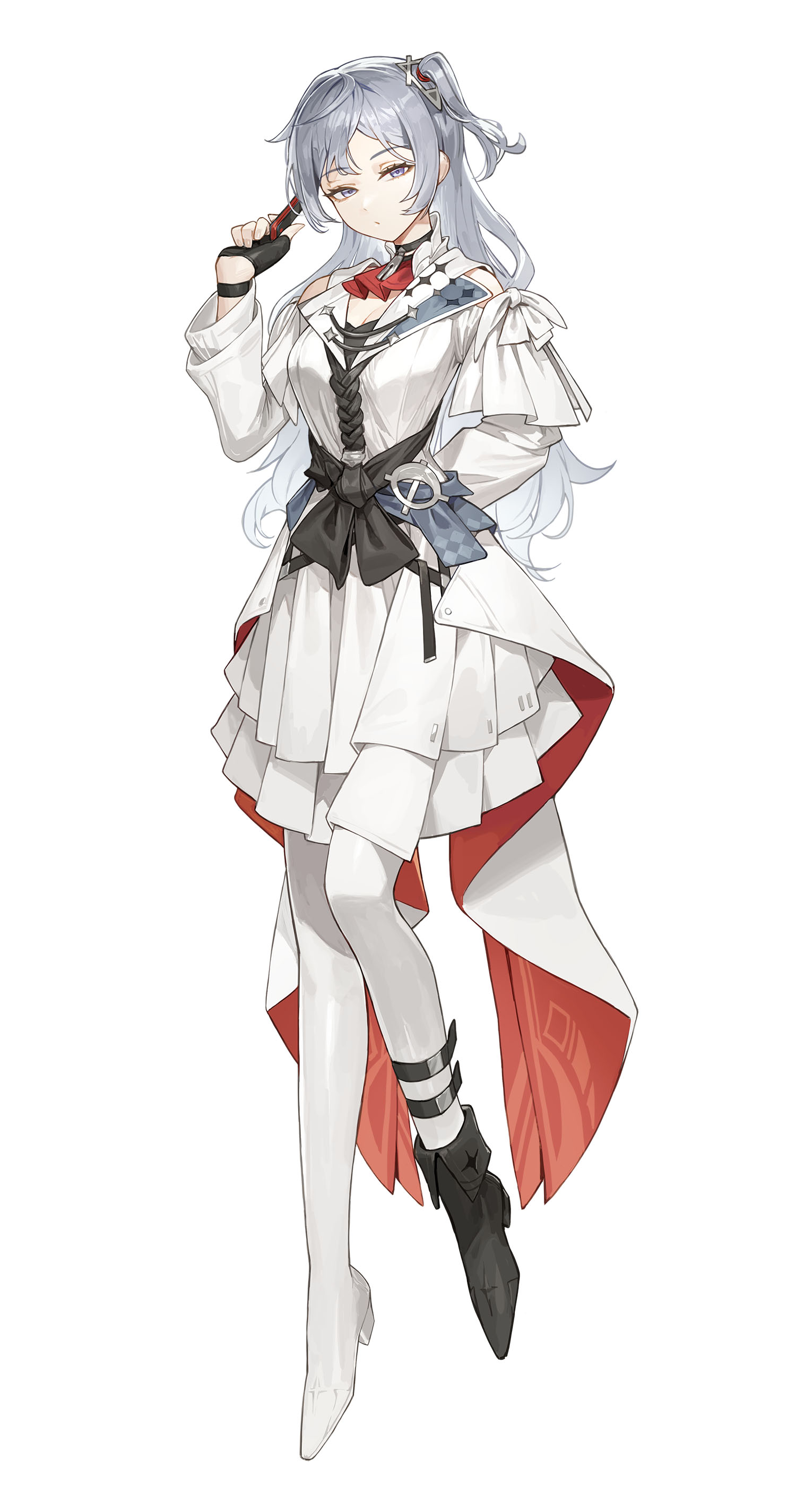 a young anime girl with white hair, gray eyes, and pale skin is depicted standing with her left leg slightly raised. she is dressed in a stylish white dress with red accents.  the dress features a long red scarf that drapes down the side.  she has black fingerless gloves and boots.