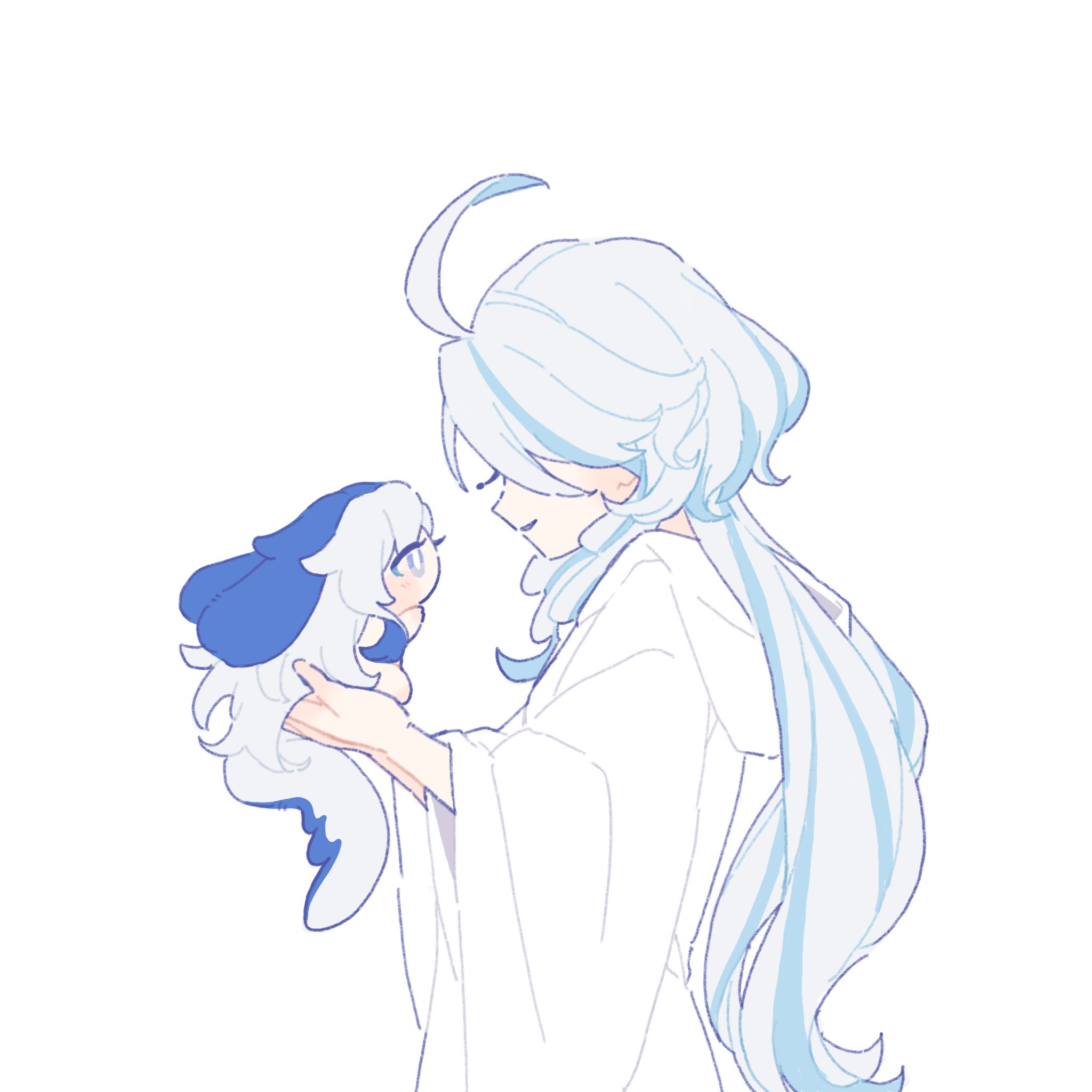 he image is a digital drawing of two animestyle girls. the larger girl, with long flowing whiteblue hair, is gently holding a smaller, chibistyle girl. the larger girl appears to be looking down lovingly at the smaller girl. the overall style of the drawing is soft, pastel, and gentle. the girls are dressed in flowing white clothing.  the smaller girl has a cute, animallike hood. the style strongly suggests fanart, likely of a specific anime or video game character given the features, most closely resembling ayaka from genshin impact.