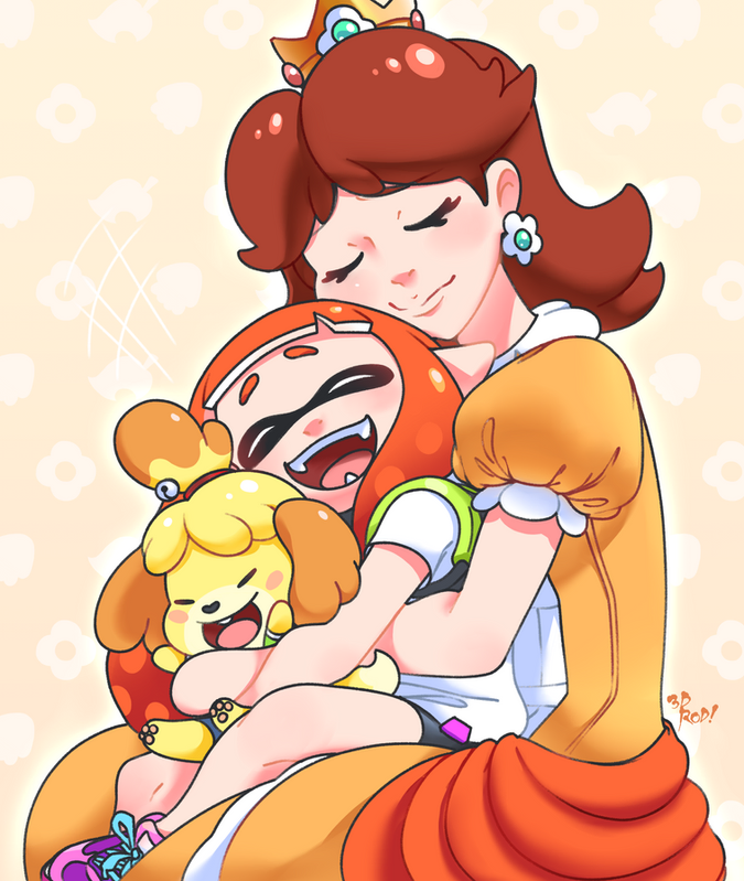 an illustration of princess daisy hugging an inkling who is holding a villager. the inkling is laughing and has a happy expression, while daisy has a kind and gentle smile. the background is a light yellow color with white hearts and flowers, suggesting a warm and loving atmosphere. the overall image is cute and heartwarming, showcasing a strong bond of friendship and affection.