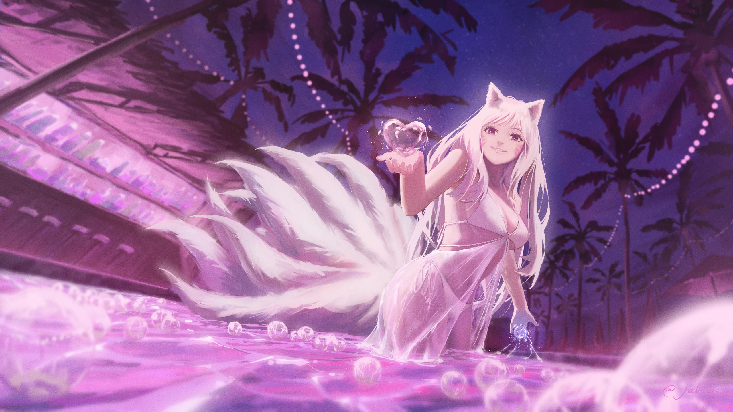 a drawing of an anime girl, dressed in a semitransparent white dress, stands in a pool of bubbly pink water under a night sky. she has white hair, fox ears, glowing eyes, and nine fluffy white tails. with her right hand, she holds up a glowing pink heart, while her left hand is submerged in the water. palm trees and a pink building are visible in the background. string lights crisscross the night sky.