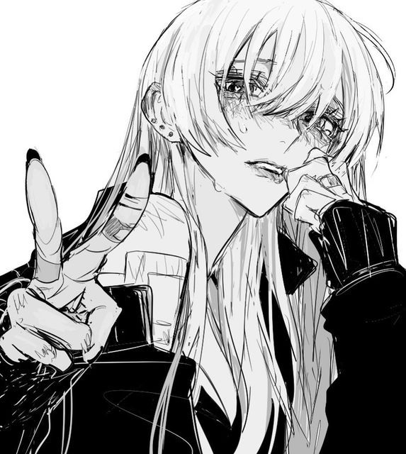 the image is a black and white animestyle drawing of a young woman with long, white hair. she is depicted crying, with tears streaming down her face. her expression is one of sadness and distress.  she's wearing a dark jacket and has a few visible piercings. she is making a peace sign with one hand, creating a contrast between the gesture and her emotional state. the art style is sketchy and expressive, emphasizing the character's emotions through line work and shading.