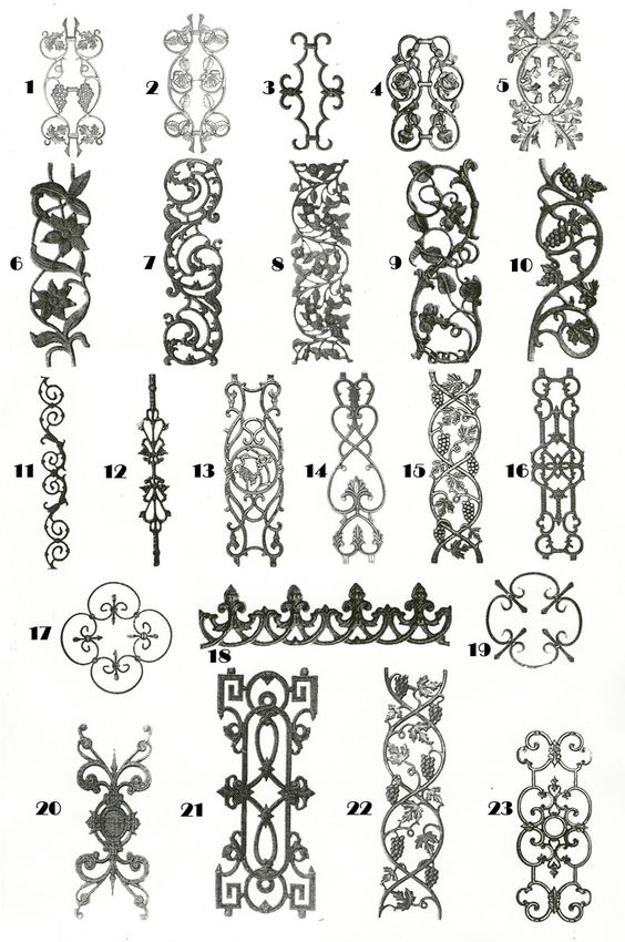 the image is a catalog or pattern book page showcasing various designs for wrought iron decorative elements.  the designs are numbered 1 through 23 and appear to be intended for use in fences, gates, railings, or other architectural applications.  the styles vary, including floral patterns, grapevine motifs, and geometric scrolls. each design is shown as a vertical or horizontal element, suggesting their use as repeating components in a larger design. the overall style suggests an antique or vintage aesthetic.
