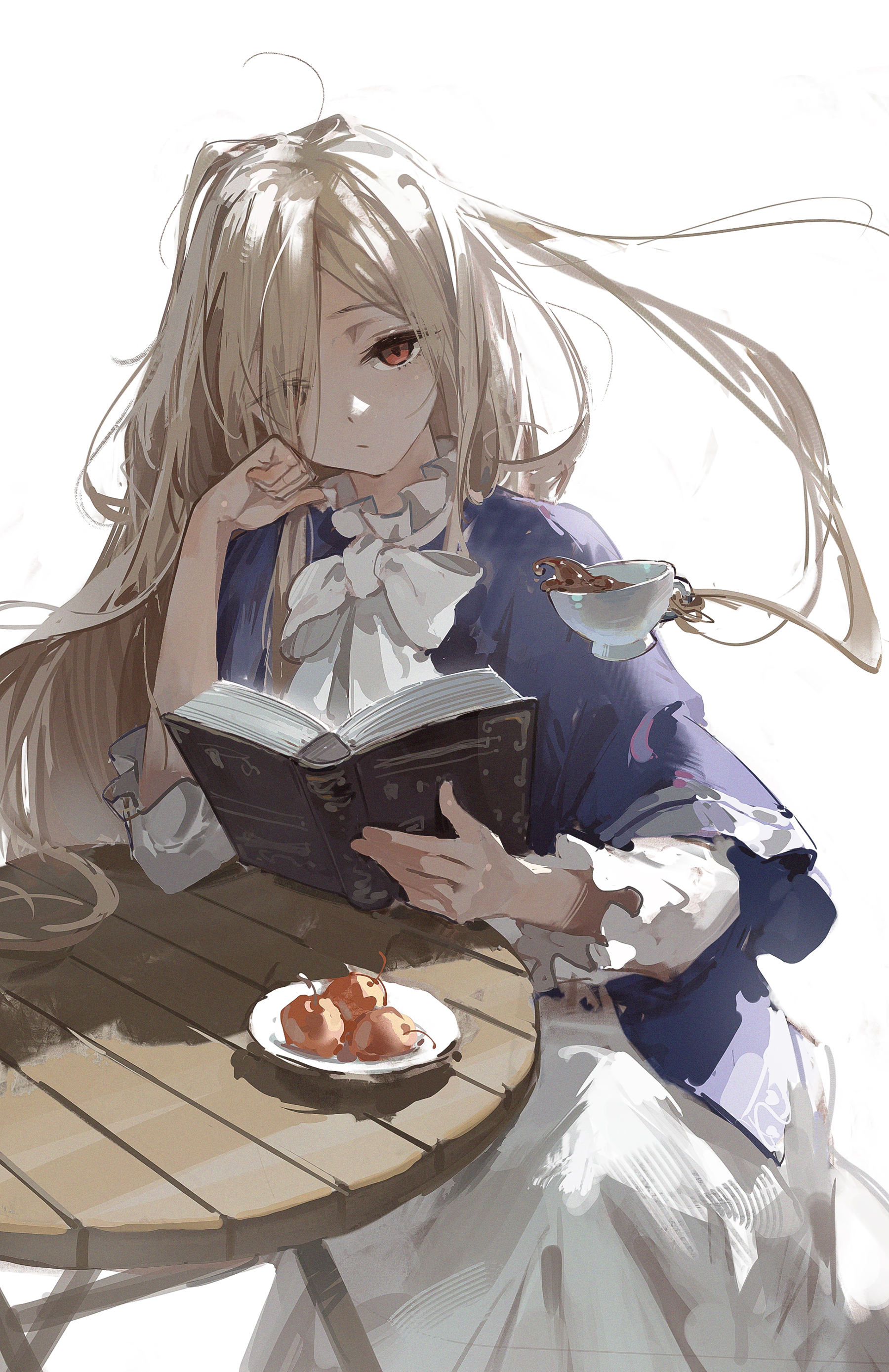 the image is a digital illustration of an anime girl with long blonde hair sitting at a table. she is wearing a white dress with a blue jacket and has a cup of tea and a plate of pastries in front of her. the girl is reading a book, and she looks relaxed and peaceful. the background is a soft, white light. the art style is whimsical and magical. the artwork is a beautiful and heartwarming depiction of a young girl enjoying a quiet moment to herself.