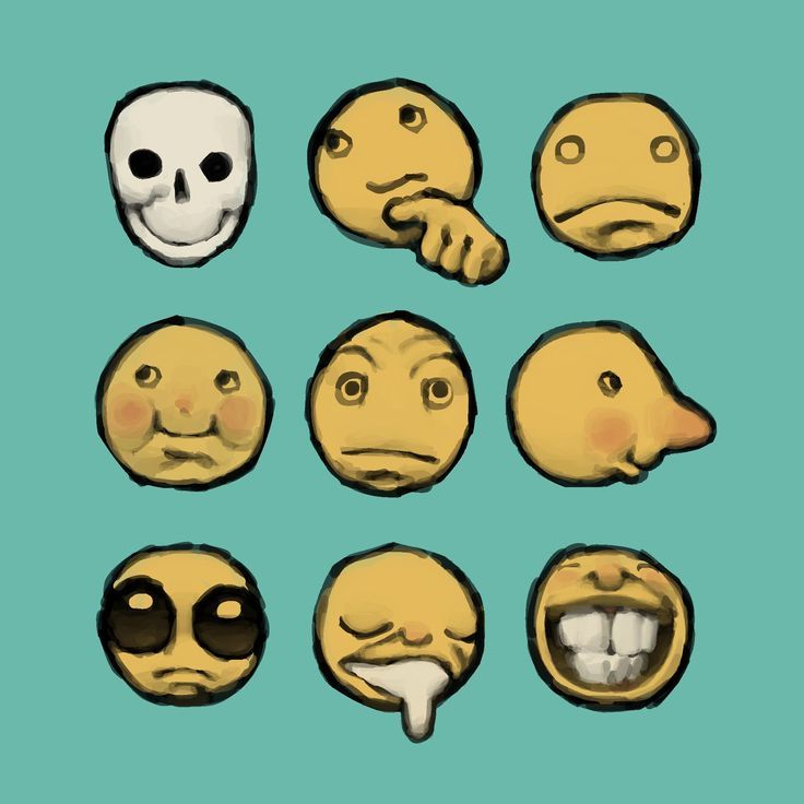 a grid of nine cartoon faces with different expressions. each face is a different color of yellow and has a different expression. the faces are arranged in a 3x3 grid. the top left face is a skull and the top right face is a sad face. the middle row has a confused face, an angry face, and a sick face. the bottom row has a happy face, a drooling face, and a confused face.