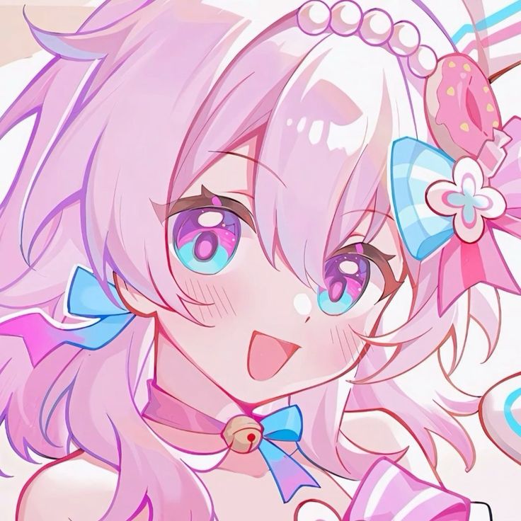 this is a closeup illustration of a young anime girl.  she has long pink hair, blue eyes, and is wearing a pink and white outfit with a bow.  her expression is cheerful and innocent.  the background is a light pink.