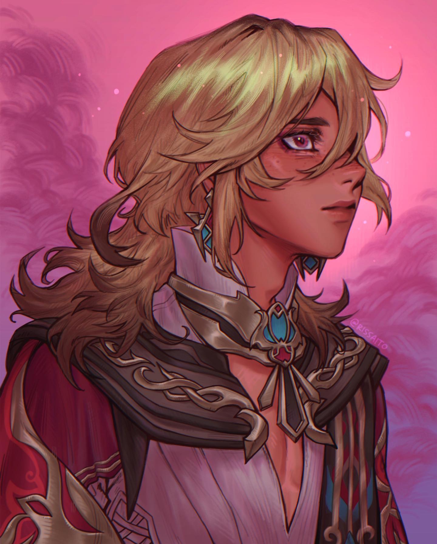 the image is a digital painting or drawing of a male character, likely fanart, that showcases anime/mangainfluenced art style. he has long, blond hair, light tan skin, and is wearing elaborate fantasy clothing, including a highcollared garment with intricate metallic and jeweled adornments. the character's expression is thoughtful and calm. he's portrayed against a soft, pinkhued background suggesting a dreamy or ethereal atmosphere. the artwork is highly detailed, particularly in the clothing and hair textures. the style points towards it potentially being fanart of a character from a video game, especially given the level of detail and fantasy design elements;  final fantasy xiv being a strong possibility.
