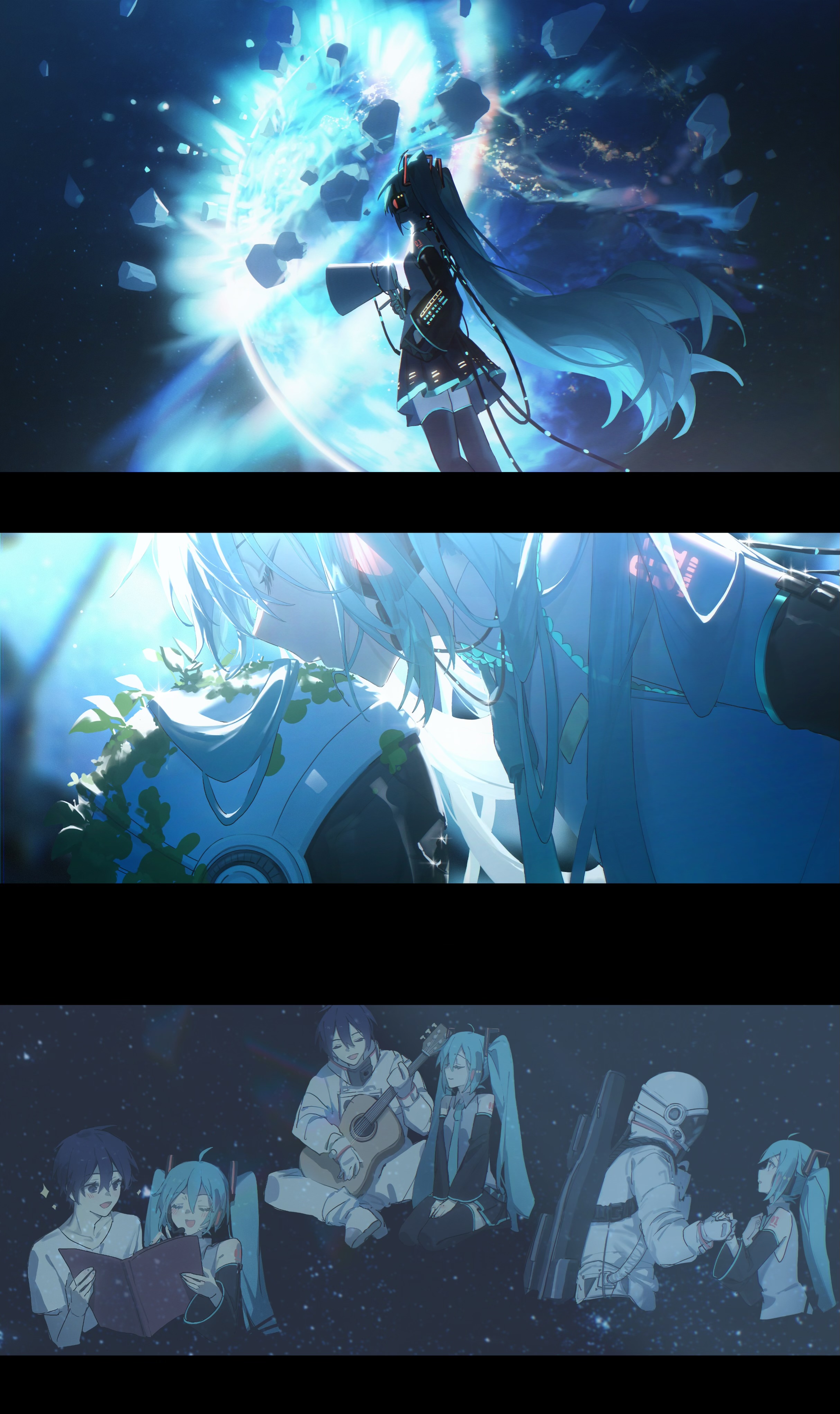 the image shows three separate panels. the top panel depicts hatsune miku standing with a large, bright, exploding planet behind her. the second panel shows two characters with blue hair in a close embrace, surrounded by futuristic scenery and foliage. the bottom panel features two groups of people sitting in what appears to be space, one group reading a book and playing guitar, and the other consisting of an astronaut and hatsune miku. all scenes are stylized with an anime aesthetic.