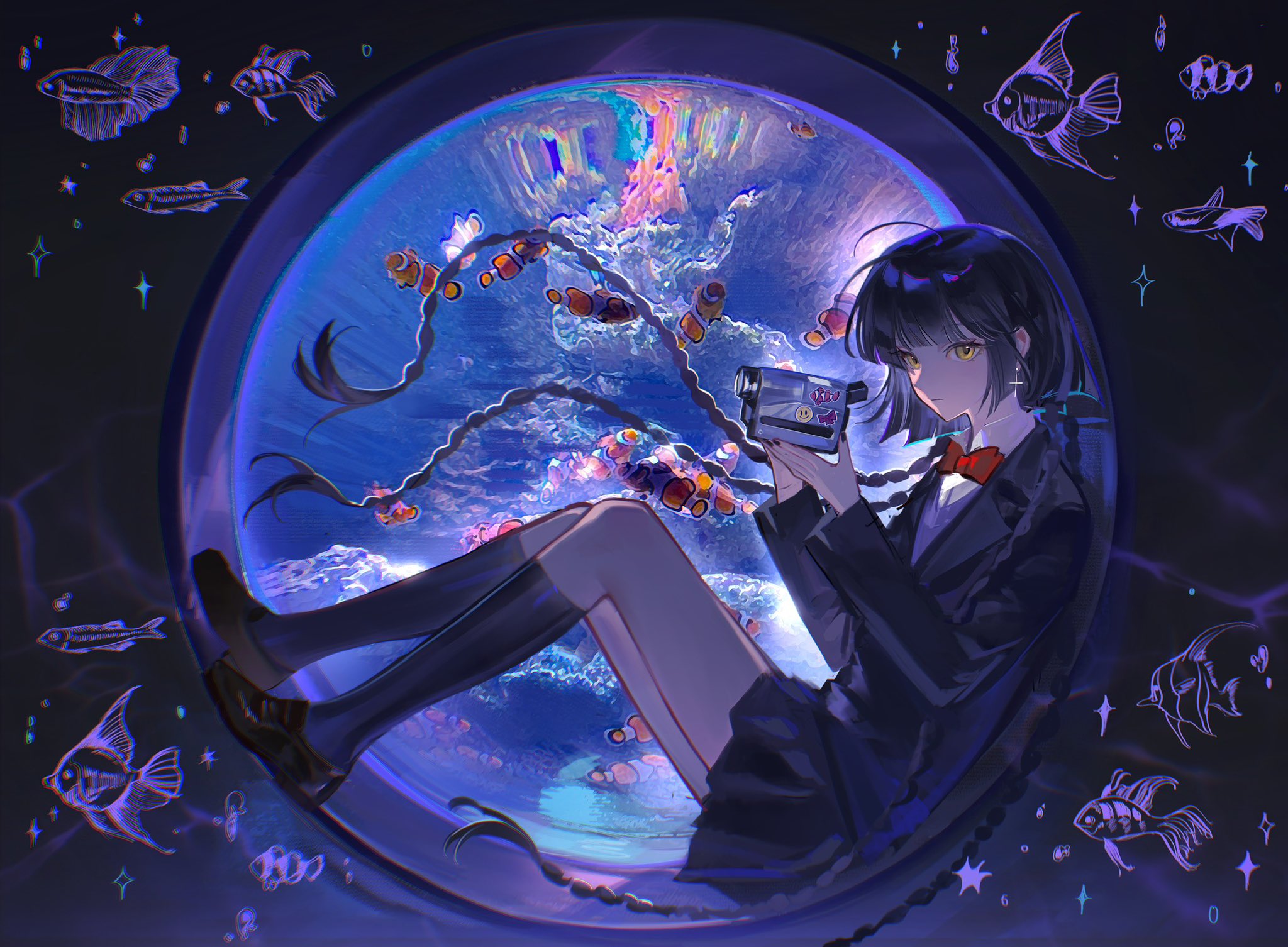 an animestyle image features a girl with short black hair, yellow eyes, and a cross earring. she is dressed in a school uniform consisting of a black suit and a red bow tie. she is holding a vintage camera in her hands. the girl is positioned inside a large, round aquarium filled with water, coral, and various fish, including clownfish. the background outside the aquarium is dark, adorned with outlined drawings of fish and sparkling stars, adding a surreal and fantasylike quality to the scene. the overall atmosphere is ethereal and dreamy.