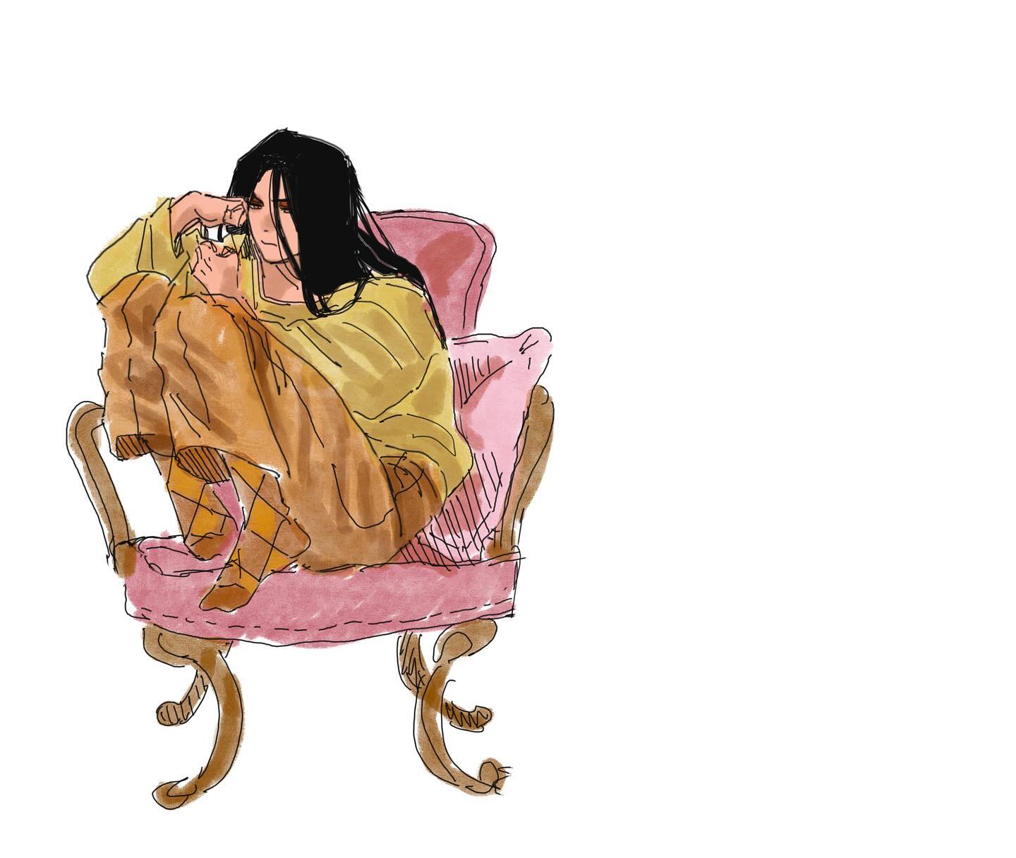 the image is a digital illustration or painting depicting a young woman with long black hair seated in a pink, ornate armchair. she's dressed in a loosefitting yellowgold sweater and brown pants or skirt, with patterned socks visible. her posture is relaxed, and her hands are near her face, suggesting contemplation or thoughtfulness. the art style is loose and stylized, using watercolorlike washes of color with visible brushstrokes and linework.  the overall mood is one of quiet comfort and domesticity.