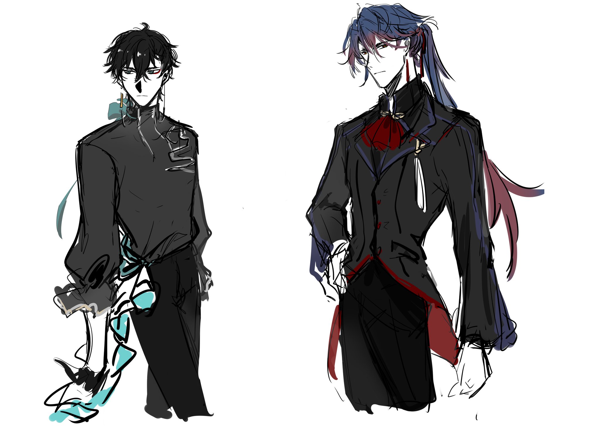 two anime male characters are drawn in a sketched style. the character on the left is wearing a black shirt with a green ribbon and black pants. he is holding a tealcolored object in his hand. the character on the right is wearing a black tuxedo with a red bowtie and white shirt. he has long blue hair with a red ribbon. both characters are looking off in the distance.