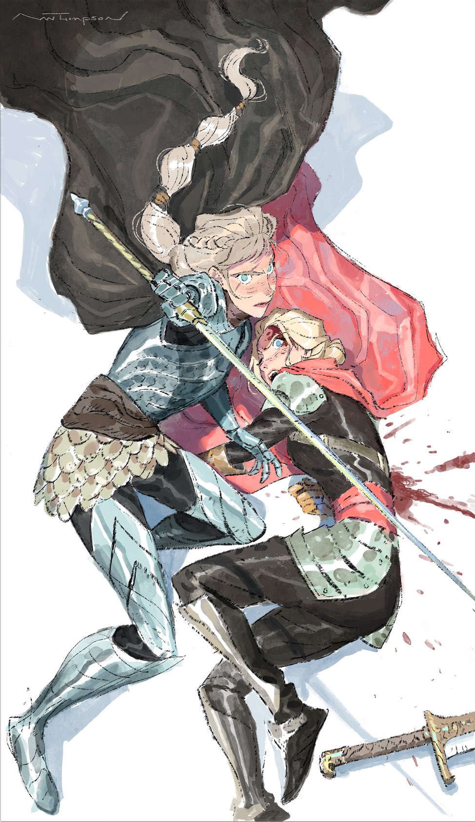 this is an image of a fantasy illustration depicting a woman in armor fighting a fallen woman with a sword.  the fallen woman is in a red hooded cloak, while the woman fighting her is in silver armor.  they are on a white background and there is blood on the ground around the fallen woman.