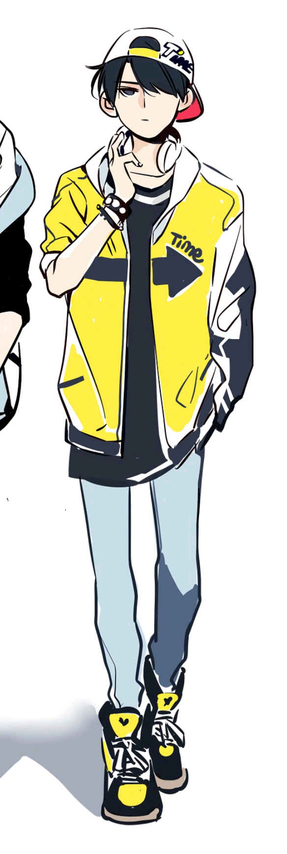 an animestyle drawing of a young man. he is wearing a backwards baseball cap, a yellow jacket with the word "time" and an arrow on it, a black tshirt, light blue jeans, and black and yellow sneakers. he has a black bracelet on his wrist and headphones around his neck.