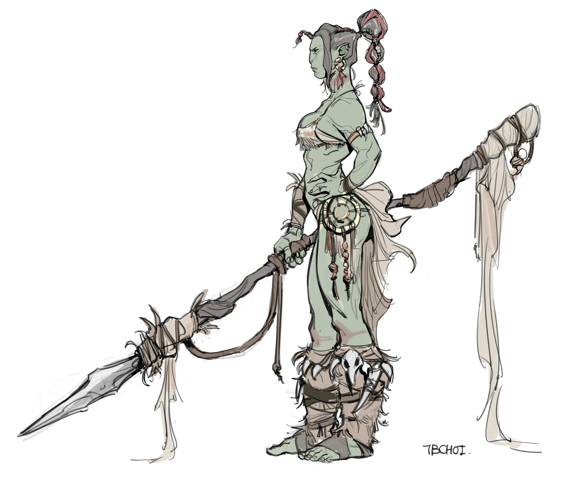 the image is a detailed pencil sketch or digital painting of a female orc warrior. she stands in profile view, facing to the left of the frame.  the orc has green skin, a muscular physique, and is adorned with tribalstyle clothing and accessories, including a boneornamented wrap around her lower legs and a circular amulet at her waist.  she wields a large, handcrafted spear with a clothwrapped shaft. her hair is styled in a braid with red accents. the style of the art is reminiscent of fantasy character design, with emphasis on both the character's strength and her cultural details. the background is plain white, allowing the character to be the clear focal point. the artist's signature "tbchoi." is subtly placed in the lower right corner.
