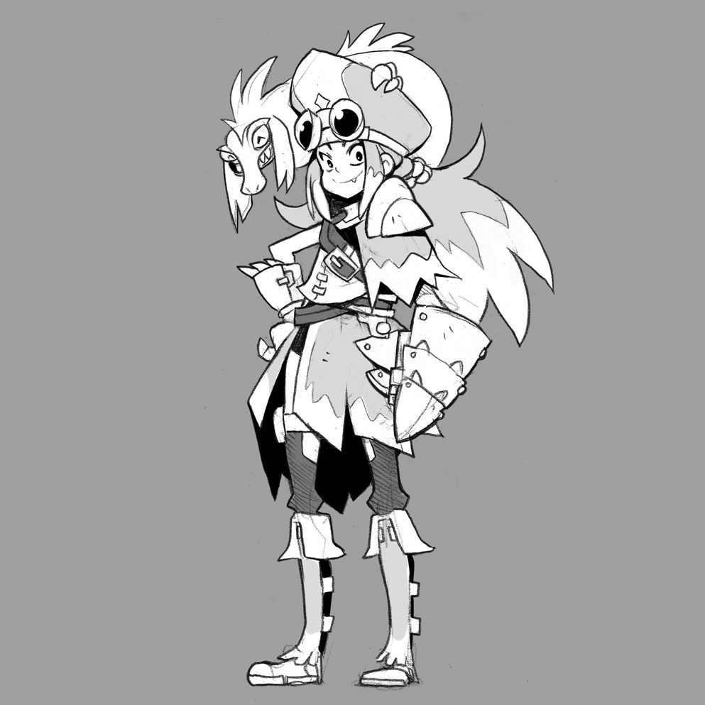 this is a black and white digital sketch of a young, smiling girl dressed in fantasy adventurer clothing and armor.  she has a large feather in her cap and what appears to be a small, stylized dragon perched on her shoulder.