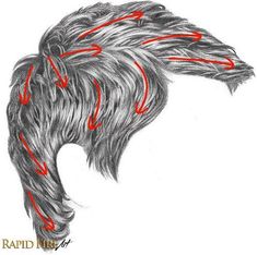 a black and white sketch of a hairstyle, with red arrows indicating the direction of hair flow and cutting techniques. the sketch likely serves as a guide for hairstylists or barbers to achieve a specific layered and textured haircut.