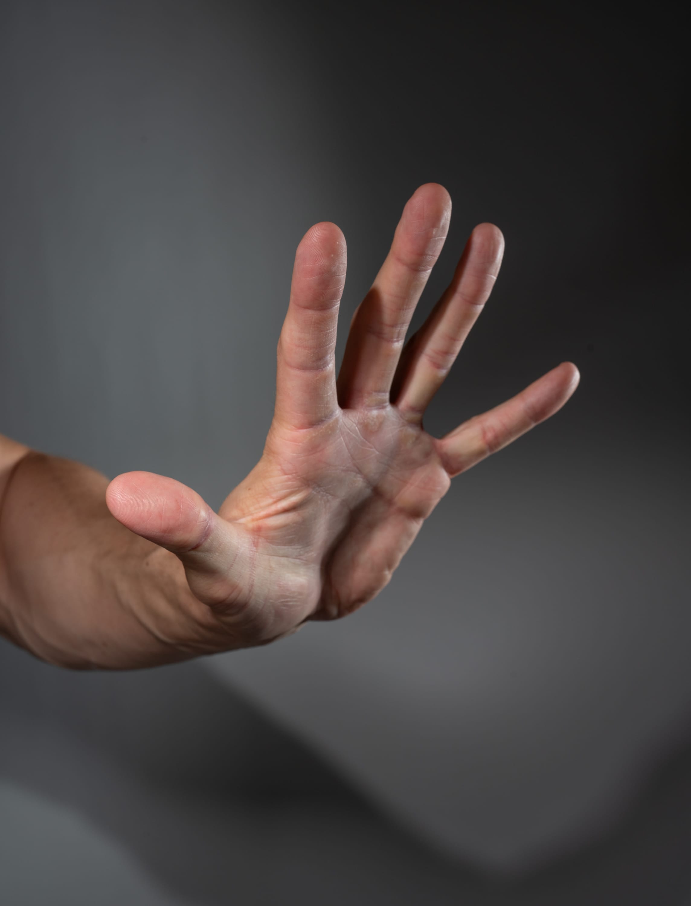 a man's right hand is extended towards the viewer with the palm facing out, fingers spread. the gesture signifies a strong "stop" or "halt" command. the hand is lit with indoor lighting, casting shadows on the plain gray background.