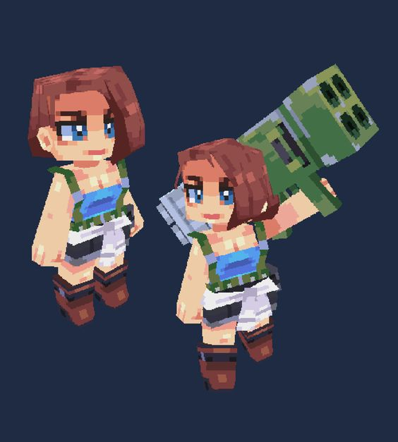 two voxel art figures of claire redfield from the resident evil series. one is holding a grenade launcher on her shoulder.