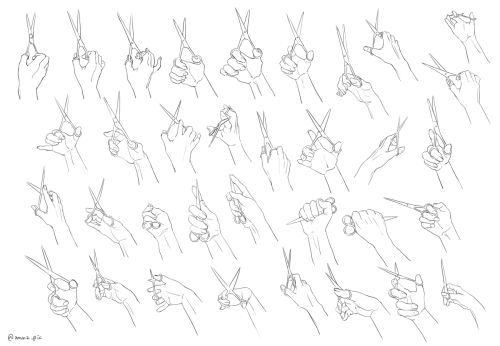 the image is a black and white illustration featuring numerous hands in varying positions, each holding a pair of scissors. the illustration serves as a reference for hand poses and the action of holding and using scissors.