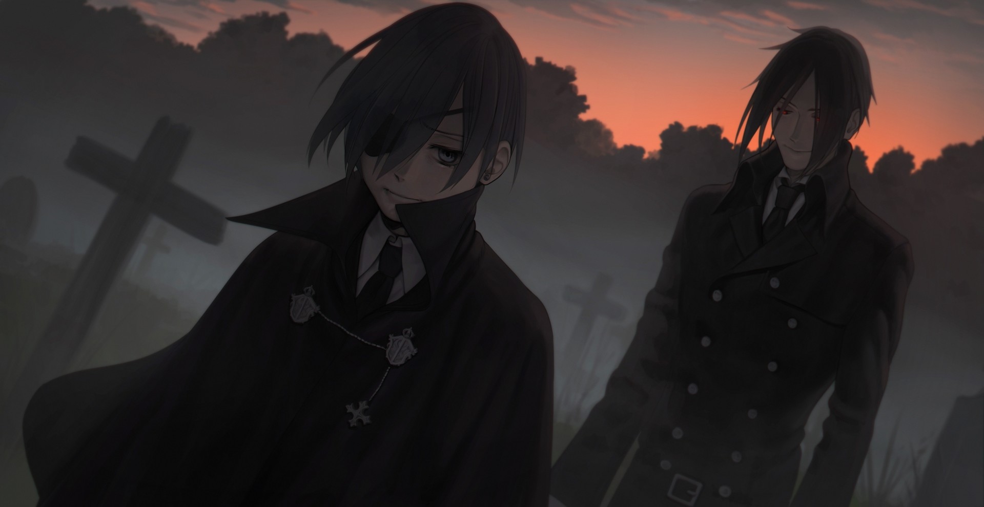 two men in dark victorian clothing walk through a graveyard at dusk. the color palette is dark and muted, with a reddish glow in the sky. the man on the left has an eyepatch, while the man on the right has red eyes.