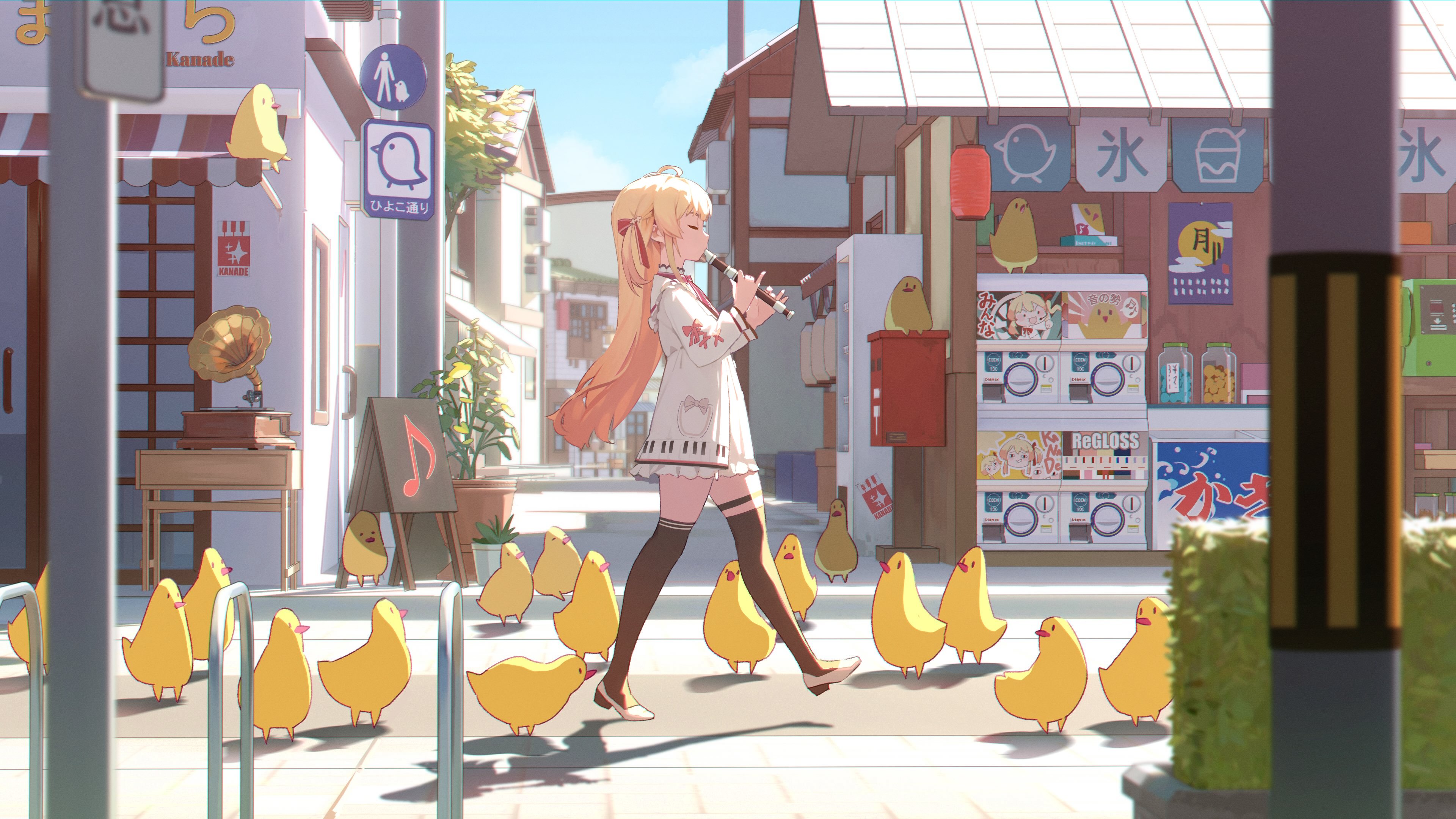 the image is a vibrant animestyle illustration depicting a young blonde girl with long hair walking down a sunny, charming japanese street. she's playing a flute and is surrounded by adorable small yellow chicks that appear to be following her. the street is lined with various small shops and vending machines, adding to the whimsical and cute atmosphere.  the overall color palette is bright and pastel, contributing to the light and happy mood of the scene.  a gramophone sits in the background in a shop, suggesting a connection to music. the scene is rich in detail, with each element carefully rendered to create a delightful and enchanting visual narrative.