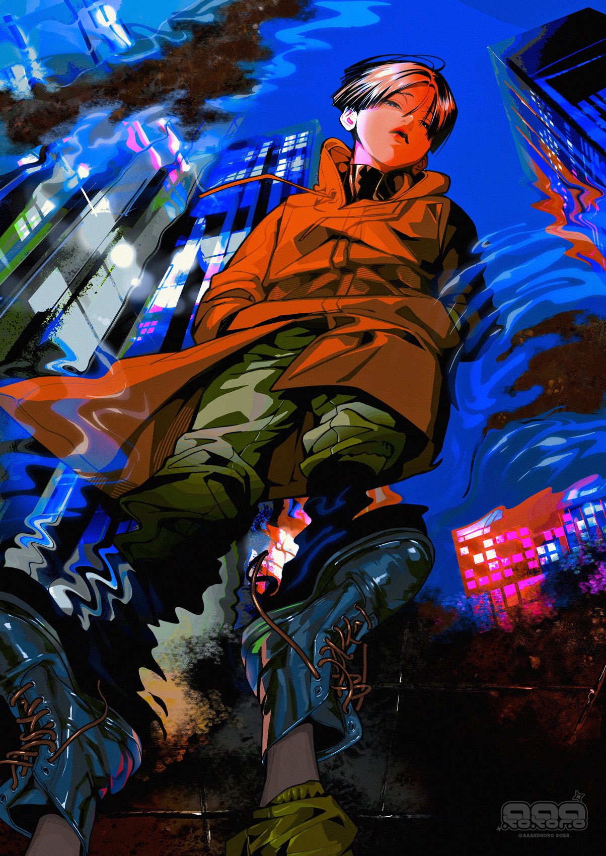 the image showcases a stylish young man strutting down a rainslicked city street at night.  he wears a bold orange trench coat and chunky boots. the perspective is a dramatic worm's eye view, looking up at the figure from the ground level as if we are seeing him through someone else's eyes. the city backdrop is alive with vibrant neon lights and reflections, creating a dynamic and futuristic atmosphere.  the overall style draws inspiration from anime and manga with its bold lines and exaggerated features.