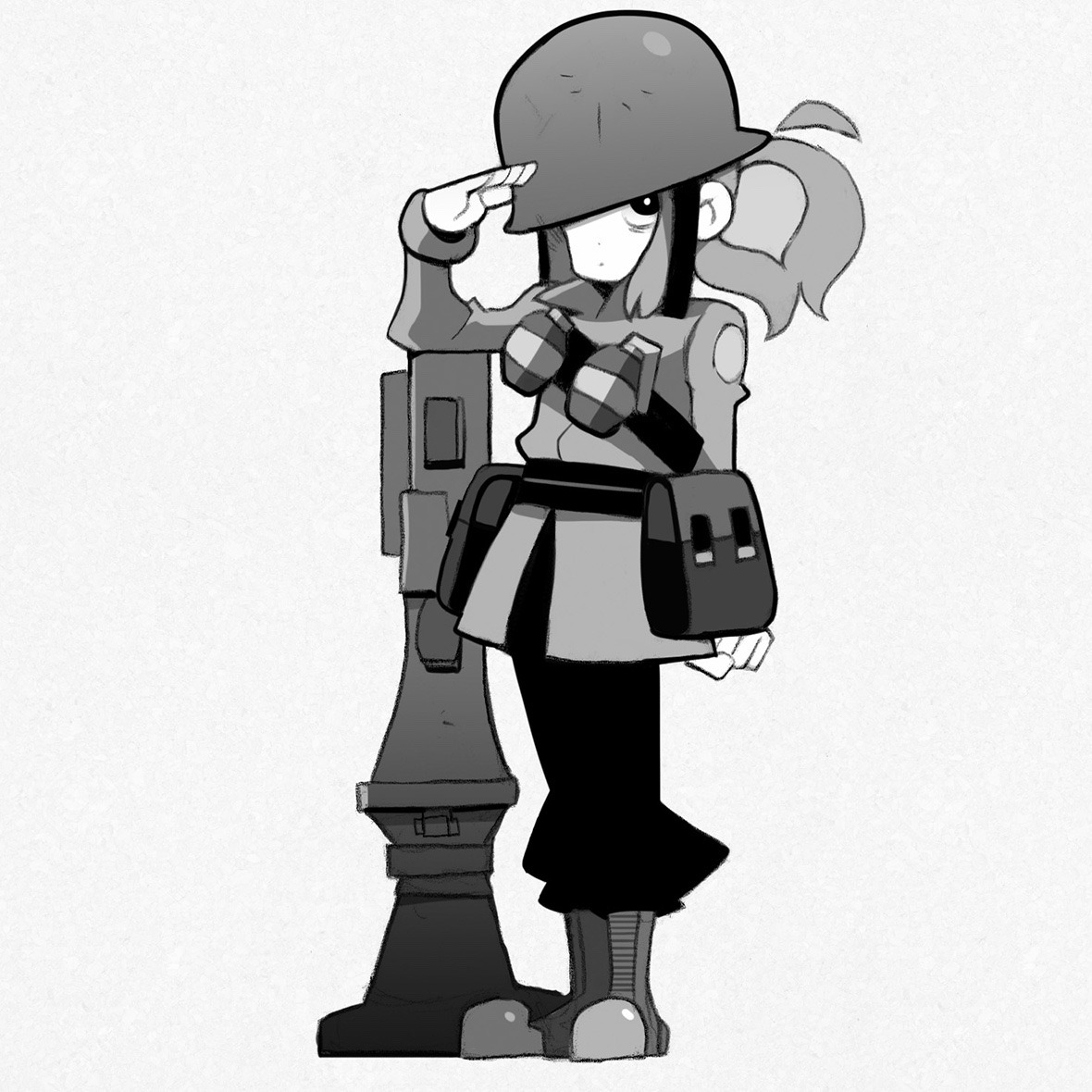 a black and white illustration of a young, cartoonstyle female soldier.  she is saluting with her right hand, while her left hand rests at her side. she is wearing a helmet, a military uniform with a belt and pouches, and boots. a rocket launcher stands behind her.