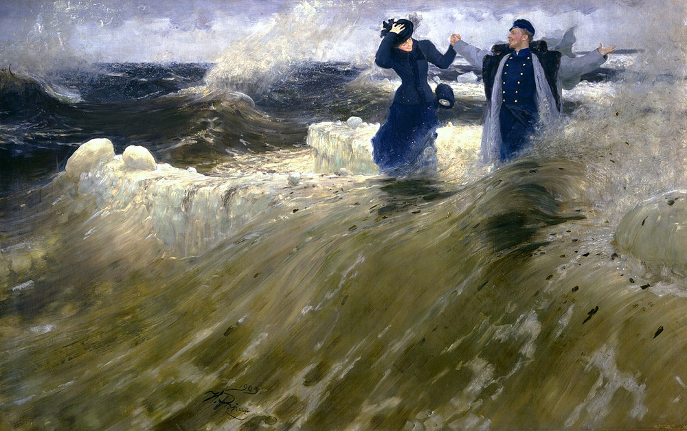 a painting of a man and a woman standing on rocks in a stormy ocean. the waves are crashing around them and the sky is dark and cloudy. the man is holding onto the woman's arm and they are both looking out at the sea.