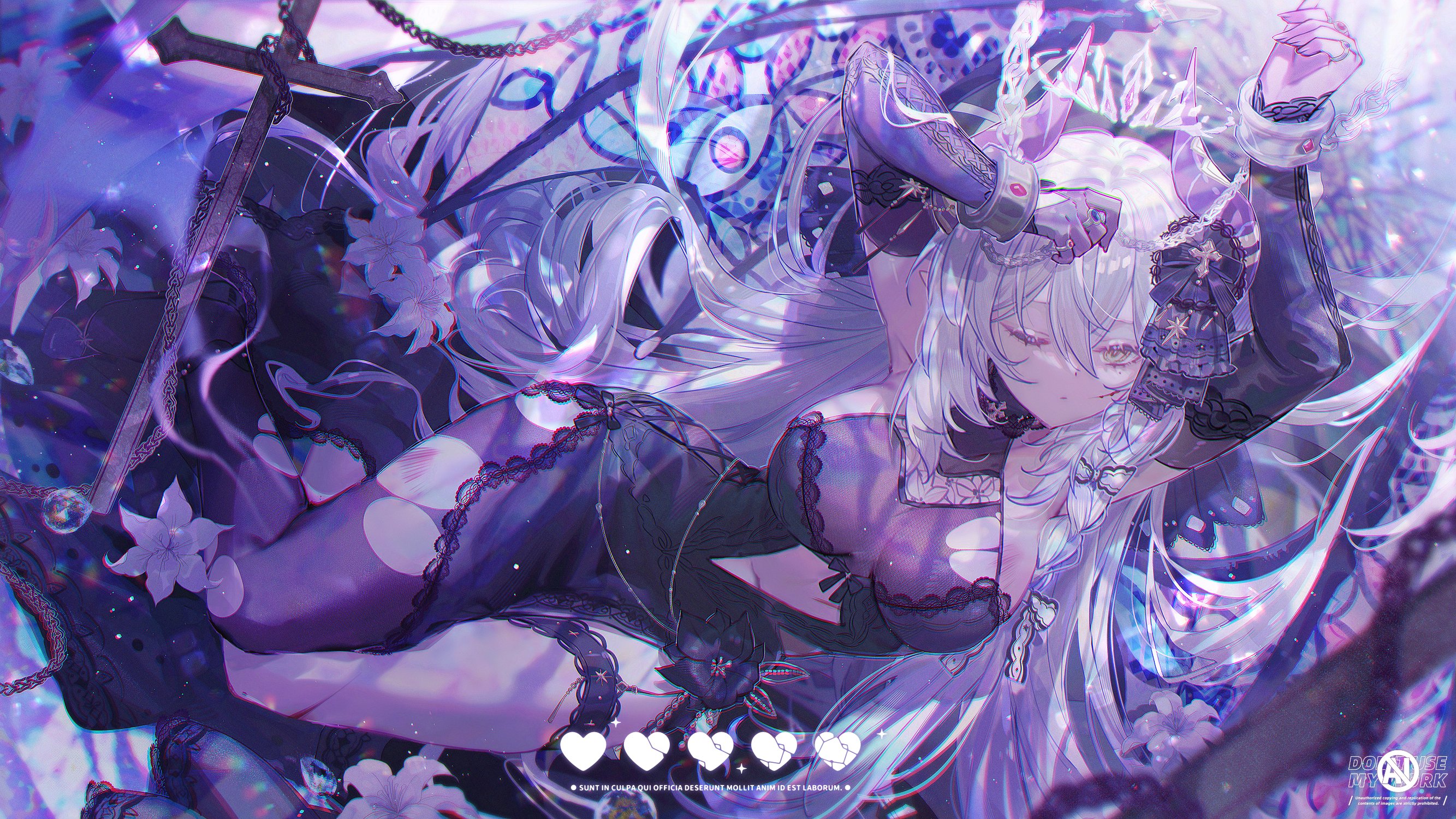 the image is a digital painting or illustration of an animestyle woman with long, flowing white and purple hair. she is wearing a dark purple, lacetrimmed dress that resembles lingerie, and is adorned with chains and a crownlike headdress.  she appears to be lying down or suspended, with crosses and chains forming part of the background.  the overall aesthetic is dark, mystical, and elegant with a fantasy feel.  purple and deep shades of violet dominate the color palette. the artist's signature "dosemyrk" is visible in the bottom right corner, along with a row of whole and broken hearts near the bottom center. the background features swirling patterns and floral elements that contribute to the dreamy, ethereal quality of the piece.