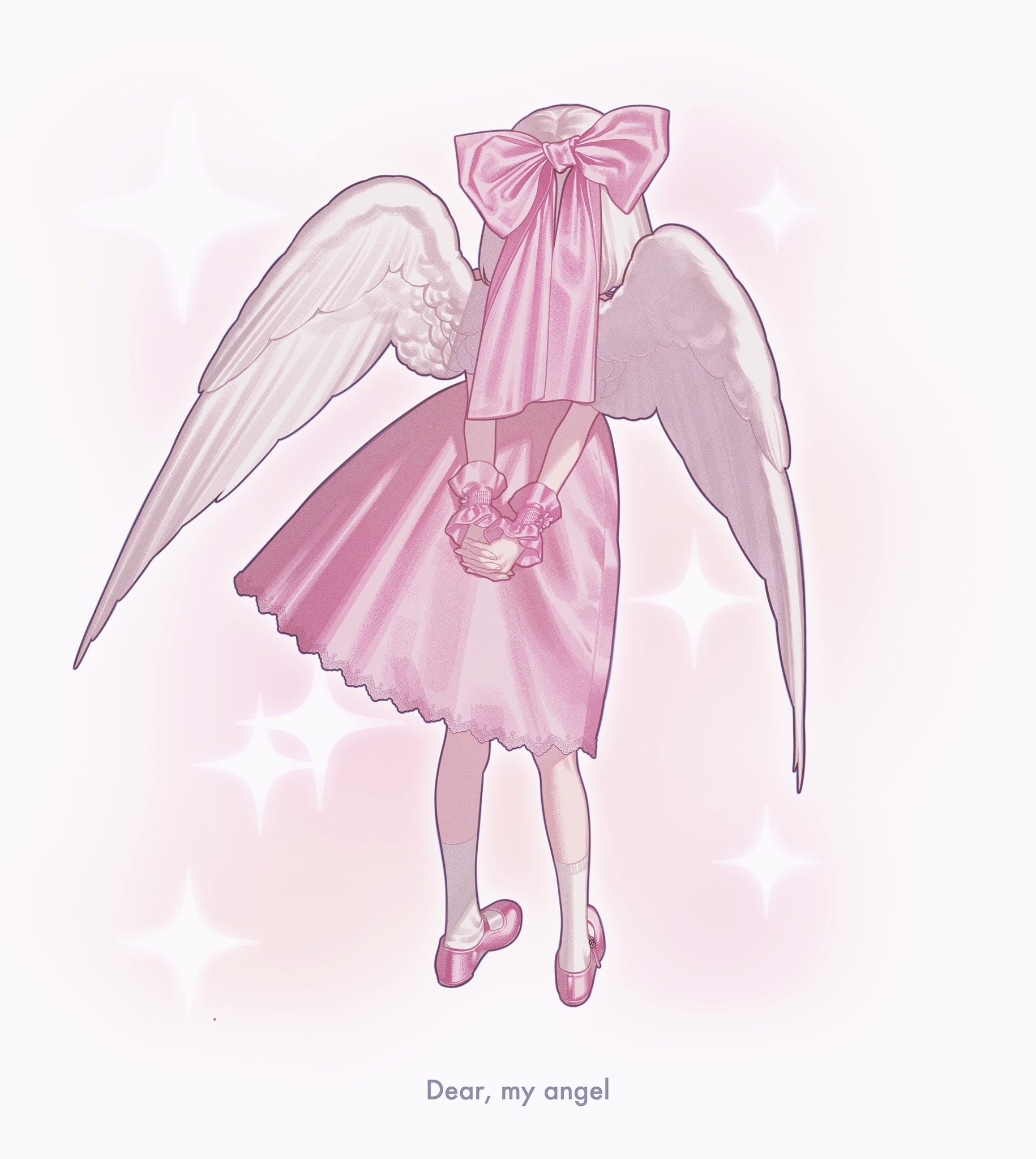 the image is a digital illustration of a young girl with large white wings and a pink dress.  she's wearing a large pink bow on her head that covers her face, and her back is to the viewer. the overall style is soft, pastel, and dreamy, with sparkles scattered around her. the text "dear, my angel" is at the bottom. the image evokes feelings of innocence, sweetness, and ethereal beauty.