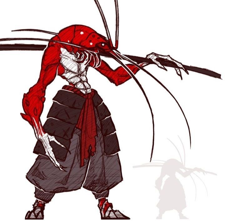 this is a sketch of a warrior that resembles a crayfish or lobster, with red skin and a black samurai outfit. the warrior has a katana and is in a fighting stance. the warrior is drawn in an anime or manga style.