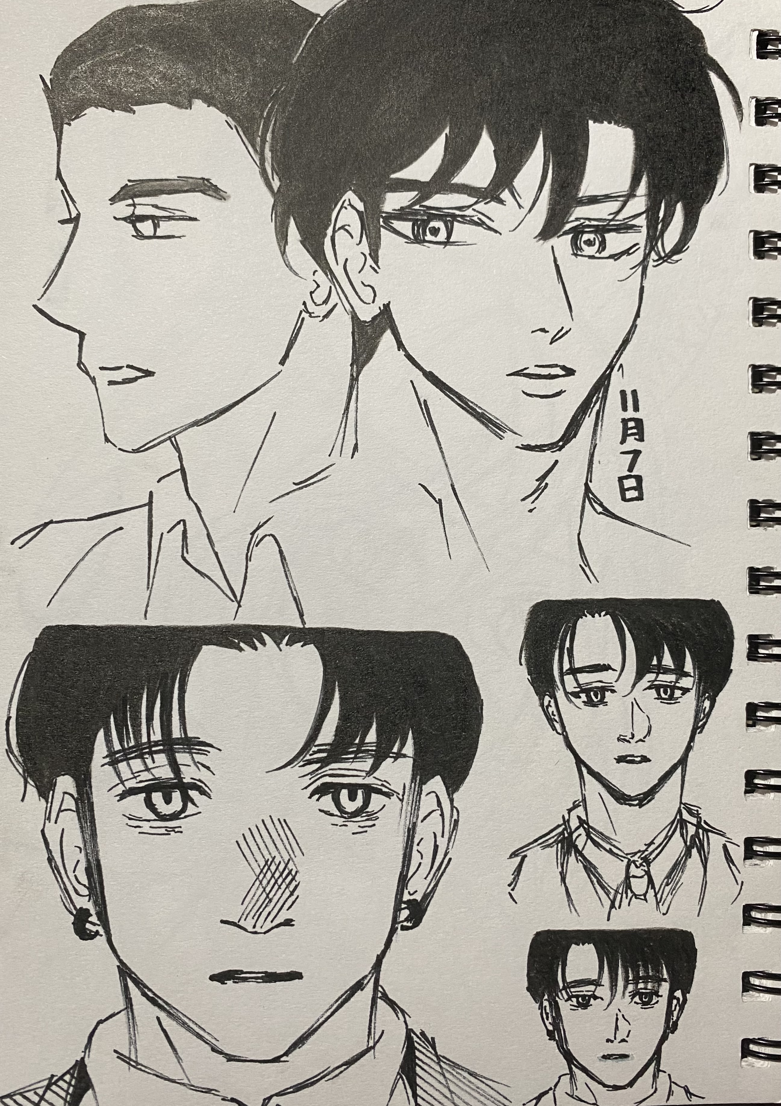 the image contains a collection of four ink drawings depicting young men, possibly anime or manga style characters.  the style is detailed, with shading used to create depth and texture on the faces.  the top drawing features two men, one in profile and one facing forward, their heads appearing close together,  suggesting a close relationship or possibly a single character viewed from two different angles.  the bottom drawings show two additional men's portraits, each shown from the front, in a similar artistic style. the overall aesthetic is dark and moody, with an emphasis on facial expressions.  the drawings display skill in capturing realistic facial features and expressions within an artistic style.