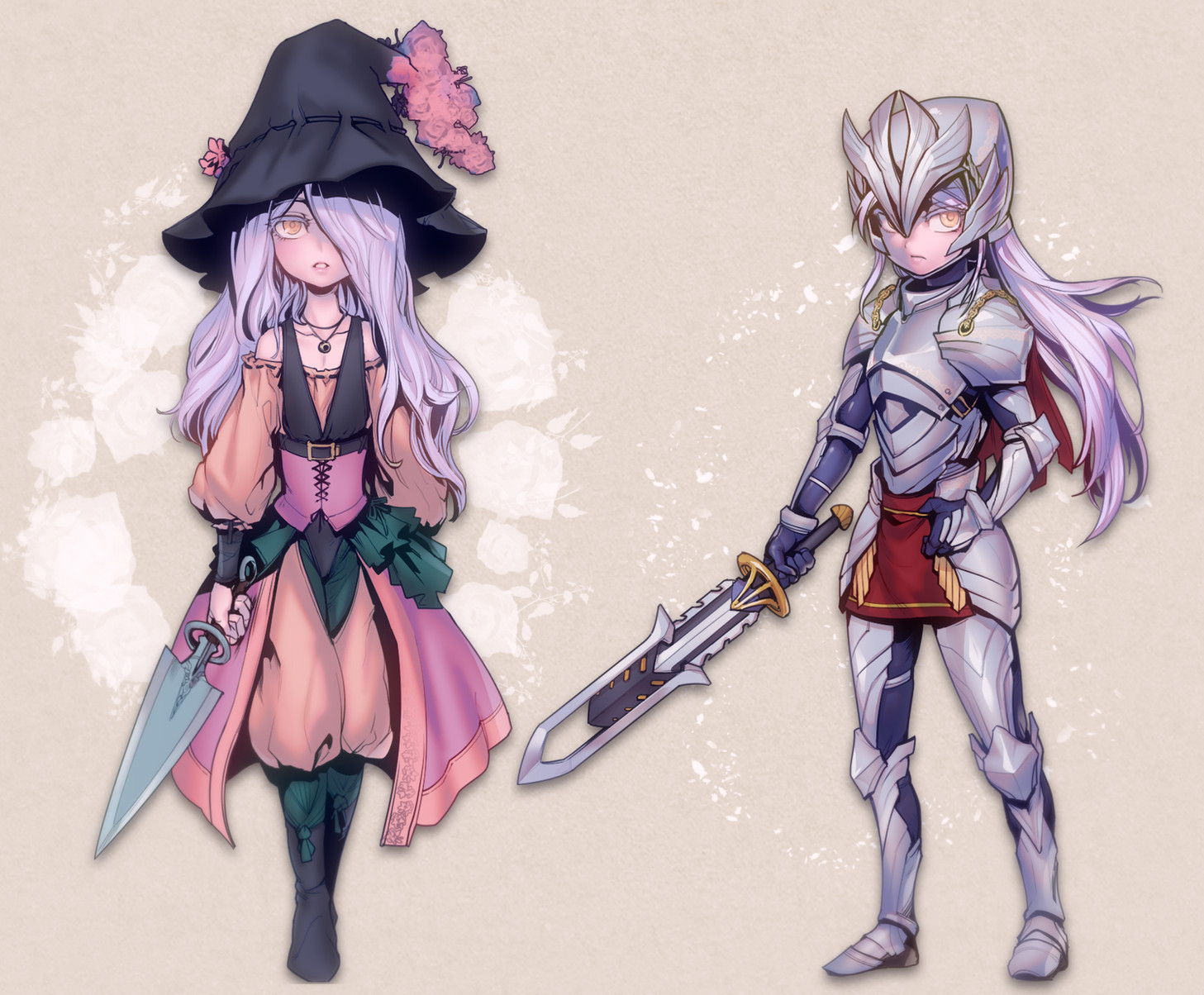the image is a digital painting of two fantasy characters. on the left is a girl in a pink and green dress with a black hat and a dagger. on the right is a woman in silver armor with a sword, she has a red sash. both characters have long purple hair and are drawn in a cartoonish style. the background is a light beige with a pattern of white flowers.