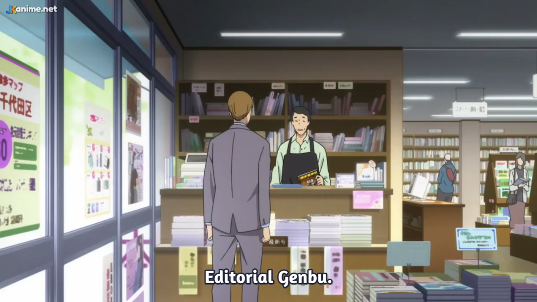 the image showcases the interior of a japanese bookstore. the scene is set in a welllit aisle with tall bookshelves lining both sides. a male customer with short brown hair and a light purple suit is interacting with a male cashier wearing a green apron. the cashier stands behind a counter stacked with books and manga. other customers can be seen browsing the shelves in the background. the overall atmosphere is bright and inviting.