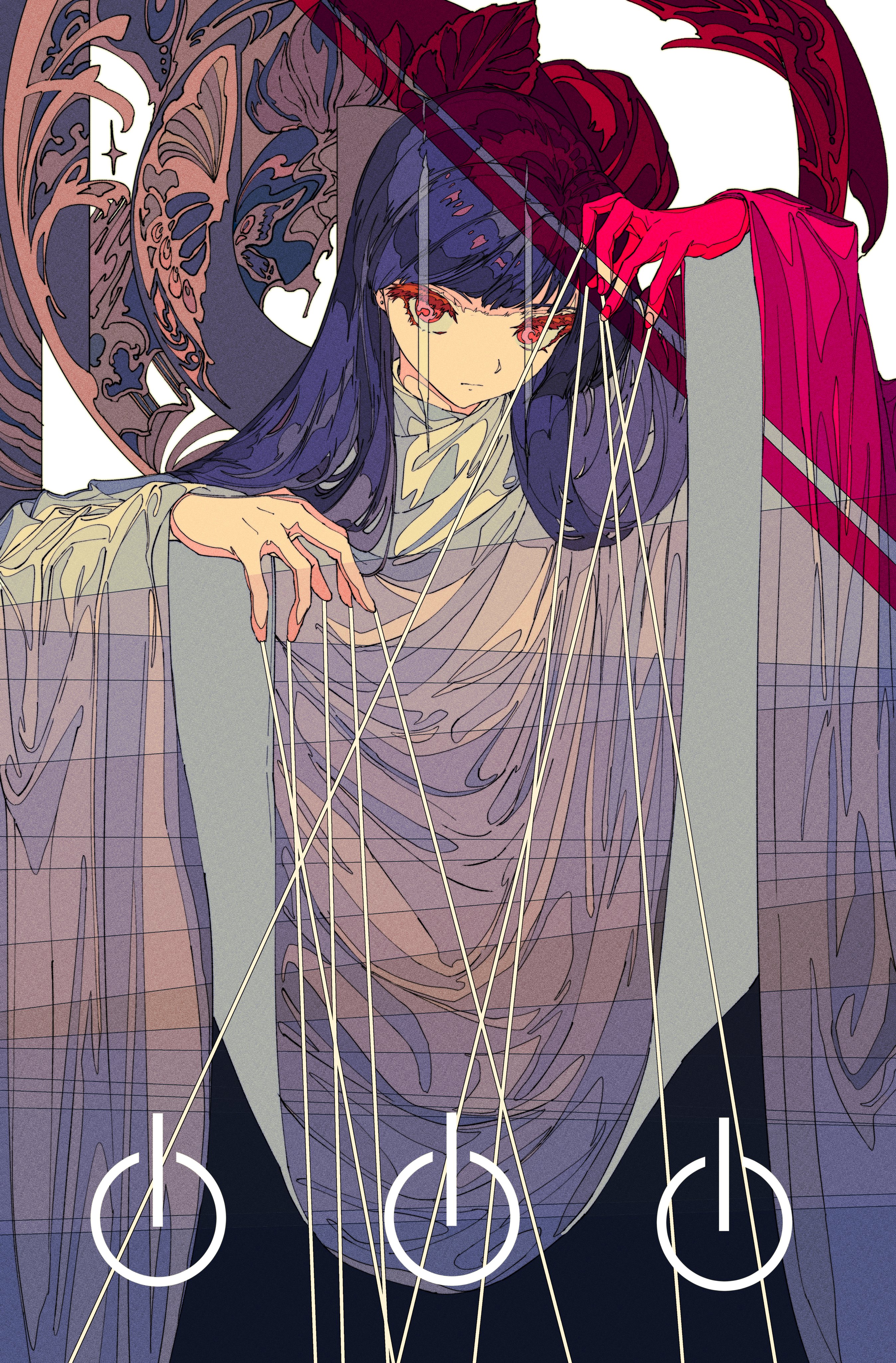 the image is a stylized digital illustration or artwork featuring an animestyle girl with long blue hair.  she appears to be a puppet, controlled by strings attached to power button symbols. her attire is elegant and flowing, with muted purple and grey tones contrasting against the vibrant red of a cloak or accessory partially visible behind her.  the background includes ornate, almost baroquestyle detailing, creating a sense of mystery and intrigue. the overall style is surreal and sophisticated, with a focus on line work and color contrast to achieve a visually arresting effect.