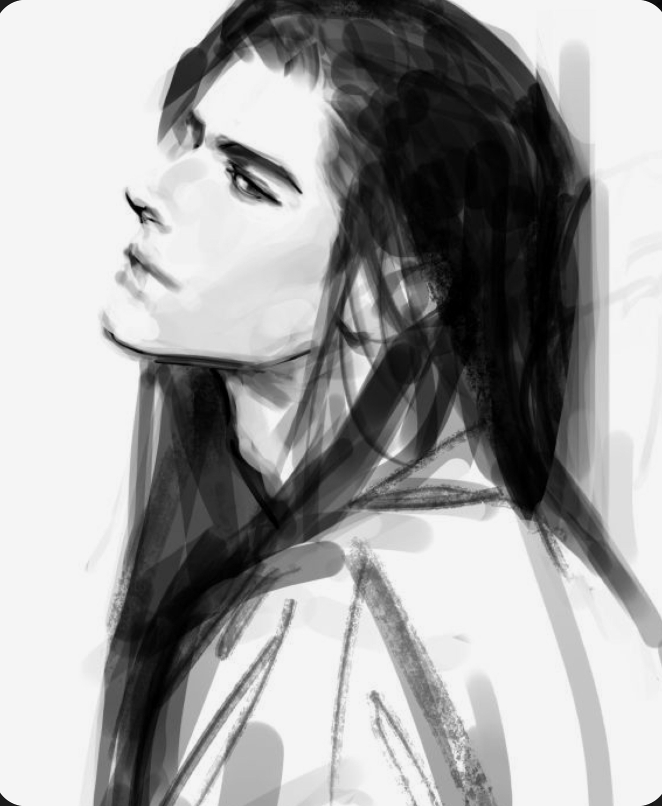 the image is a black and white digital drawing of a man with long hair. the drawing is done in a loose, sketchy style, with visible brushstrokes. the man is shown in profile, with his head turned slightly to the side. his expression is neutral. the background is white.