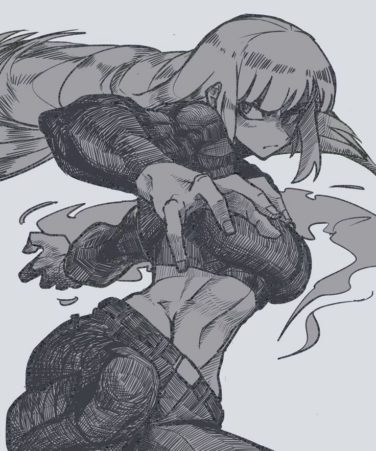 a grey scale animestyle sketch of a woman with long hair and bangs, wearing dark clothing and pants with a belt, performing a hand gesture with smoke emanating from it. she is in an action pose, showing her midriff, and has an intense gaze.