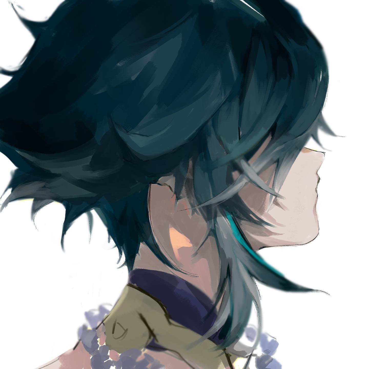 the image is a digital painting or illustration in a style reminiscent of anime or manga art. it depicts the profile view of a young male character with long, flowing teal or blue hair that has a slightly messy and stylized look.  the hair has hints of lighter teal and blue streaks. he appears to be wearing an elaborate collar and necklace, partially visible. his attire seems to be of a fantasy or elegant nature, with muted earthtoned garments. the overall style of the art is painterly and soft, with a hazy quality to the lighting and color blending, giving it a dreamy or ethereal feel.  the character's expression is subtle and somewhat melancholic, suggesting a pensive mood. the background is mostly white, focusing attention on the character.  the art style has a watercolorlike texture, despite being digital.  there is a possible connection to the video game genshin impact due to the style and character design.