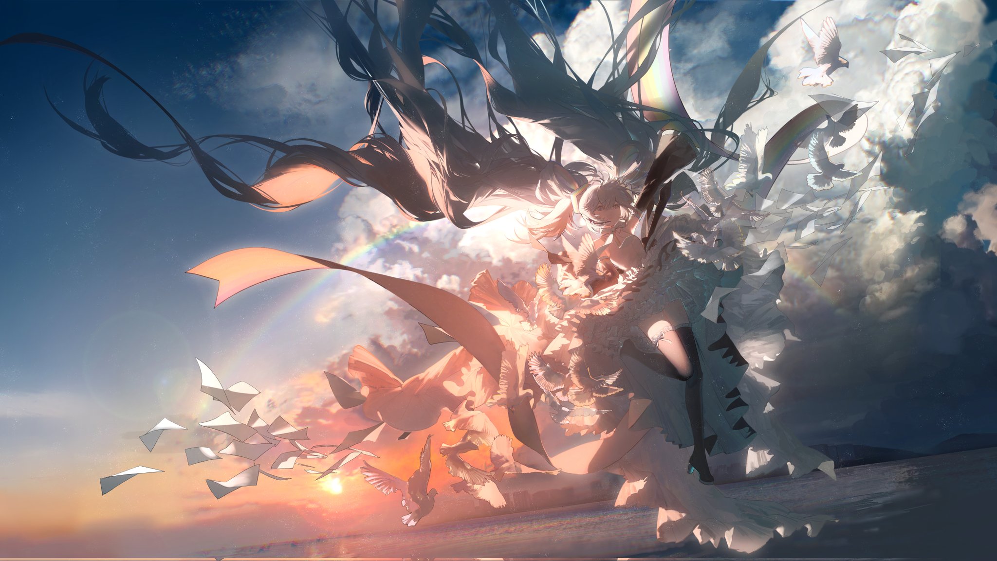 the image is a digital painting or illustration of an animestyle girl with long black hair floating in the sky. she is wearing a flowing white dress.  surrounding her are numerous white doves and paper airplanes, adding to the ethereal and dreamlike atmosphere. the background features a dramatic sunset and clouds, with a subtle rainbow visible. the overall style is whimsical and romantic, suggestive of freedom and flight.  the artist has employed skillful use of light and color to create a stunning visual effect.