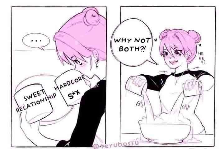 the image is a twopanel comic featuring an animestyle girl with pink hair.  in the first panel, she's shown contemplating two metaphorical cups representing a "sweet relationship" and "hardcore sx." in the second panel, she's mixing the contents of both cups together, with a speech bubble above her head saying "why not both?!" the overall style is lighthearted and suggestive, using the mixing metaphor to humorously represent the blending of different aspects of a relationship.
