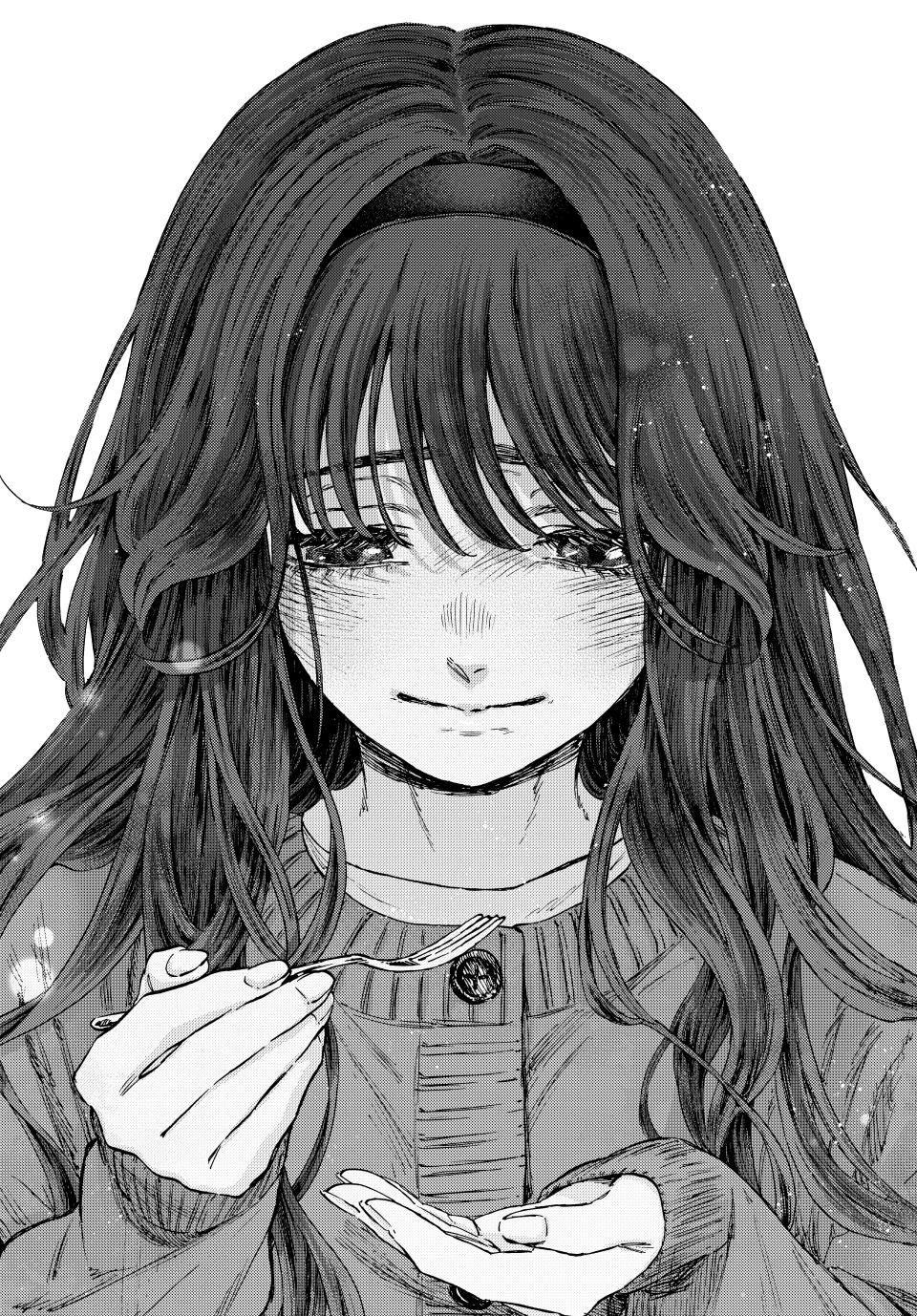 a black and white illustration of a young woman with long, dark hair. she appears sad, with tears in her eyes, and is holding a fork in one hand, seemingly about to eat something. her expression is a mix of sadness and slight hope. the style is reminiscent of manga or anime art.