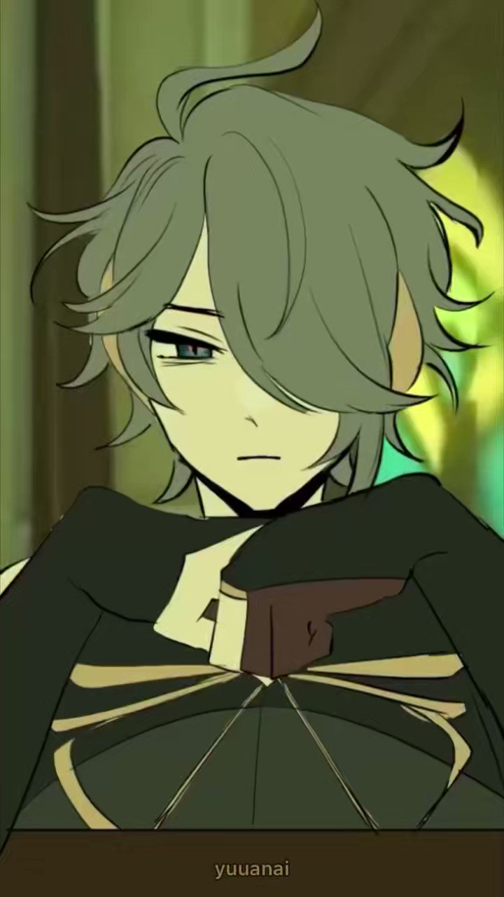the image shows an anime character with green hair and green eyes. he is wearing a black coat and a white shirt, and he's holding an umbrella. his face is expressionless, and he seems bored or sad. the background is a blurry green and brown. the character is drawn in a mangastyle art style and seems to be looking down. the art style is digital.