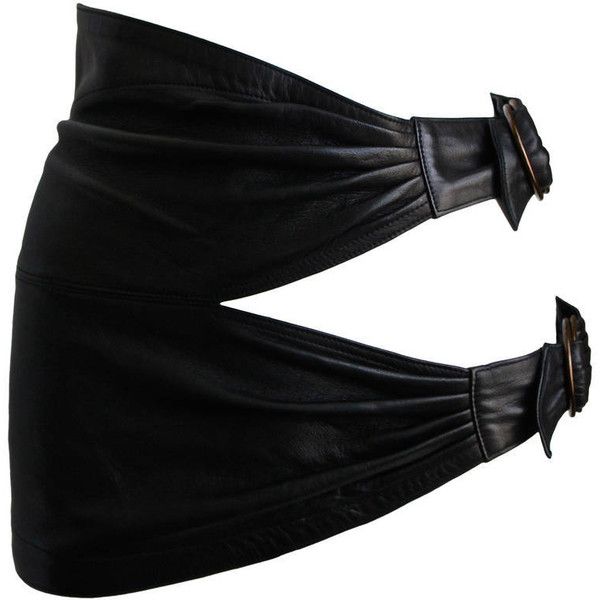 a highwaisted black leather belt with two buckles is shown in the image. the belt is designed to be worn at the waist.
