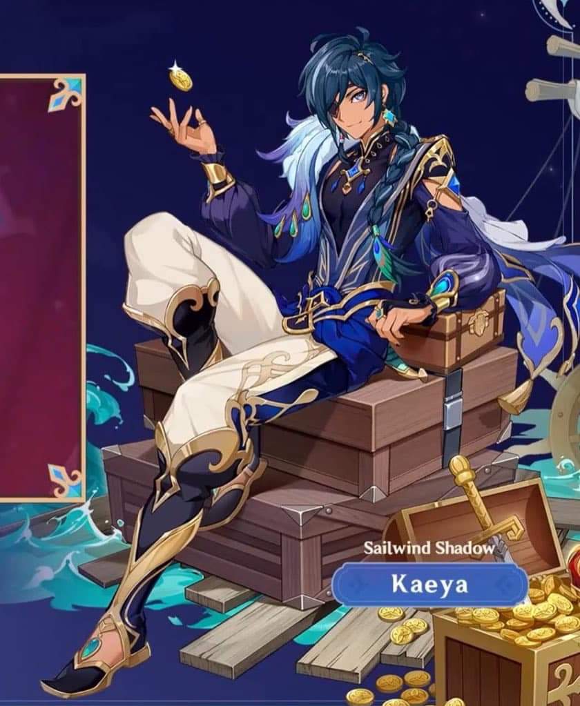 the image showcases official artwork from the video game genshin impact, featuring the character kaeya.  he is depicted in a stylish, almost piratical outfit of blues, golds, and whites, with detailed accessories and boots. he is seated on a stack of wooden crates near a pile of gold coins. his pose is relaxed yet regal, one hand playfully holding a gold coin.  the background hints at a maritime setting with waves and parts of a ship visible.  a text box displays his title, "sailwind shadow," and his name, "kaeya."  the overall style is anime/mangainspired with a high level of detail in the character's clothing and features.