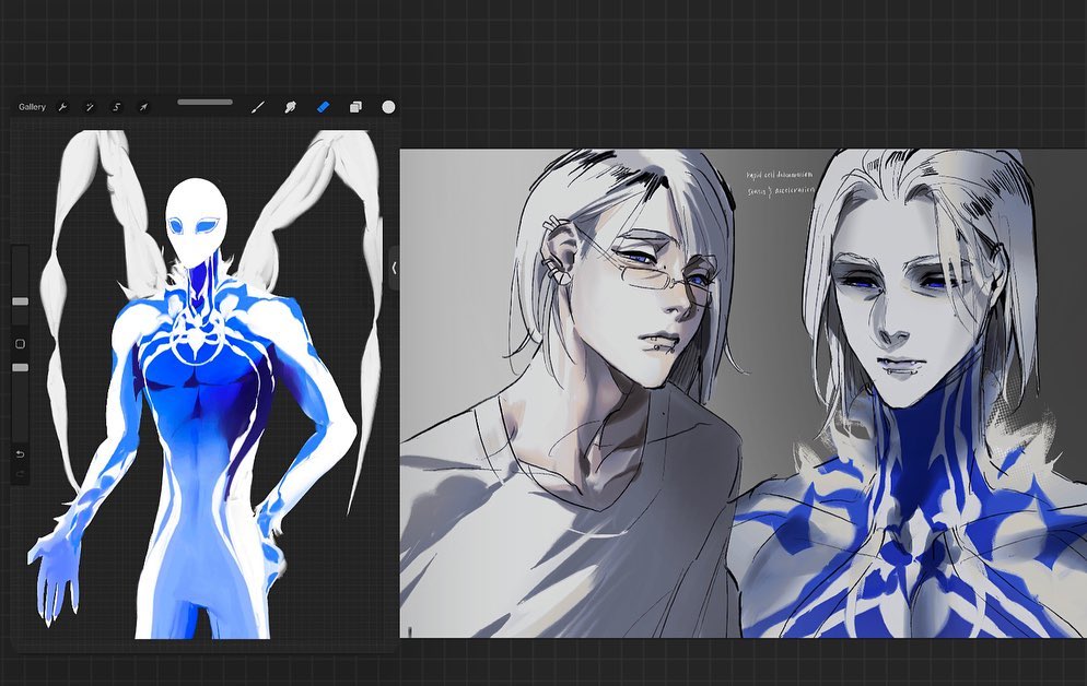 the image shows a digital art drawing of a character design. it is a fullbody portrait of a humanoid character with white hair, blue skin, and wings. the character is also wearing glasses. the image is shown as a drawing in a digital drawing software. the drawing is done in a sketch style with line art and some digital painting. there is also another character shown on the right side of the image. the second character looks more humanlike, with a more detailed and colored version of the same character. the character has a similar pose to the first character. both characters are depicted in a realistic style. the artwork appears to be fan art based on an existing character.