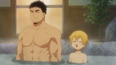 two anime characters, a muscular adult male and a young boy, relax in a steaming bathhouse. the warm light from a window illuminates them against the backdrop of traditional japanese bathhouse architecture. the scene evokes a sense of tranquility and potential familial bonding.