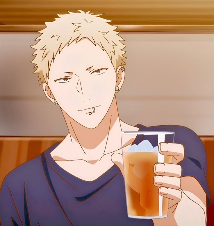 an animestyle drawing of a young man with blond spiky hair and a lip piercing. he is wearing a dark blue tshirt and is holding up a glass with a brown liquid as if making a toast to someone. the background is a blurry depiction of a bar or restaurant.  the colors are warm and bright.