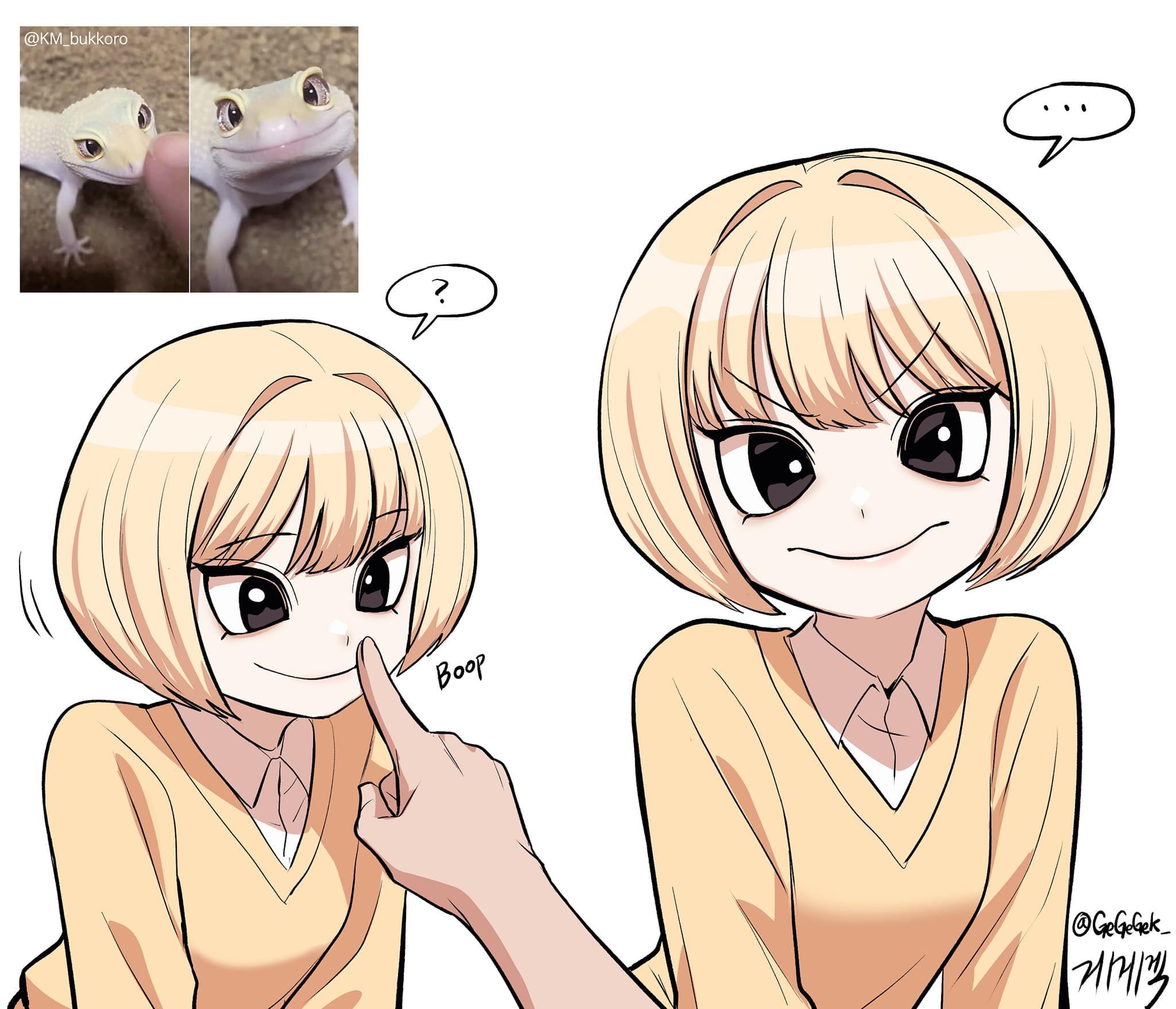 he image is a digital drawing that combines two distinct styles. the top left corner shows two actual leopard geckos, while the rest of the image features an animestyle girl with short blonde hair and a yellow sweater.  the girl's expression and pose mirror the geckos' expressions. a hand reaches in from the bottom right to gently touch the girl's nose. the overall style is lighthearted and whimsical, blending realism with a cartoonish aesthetic. text bubbles add to the narrative, indicating interaction between the hand and girl and a questioning thought bubble near the gecko images. the artist's signature or watermark is visible in the bottom right.