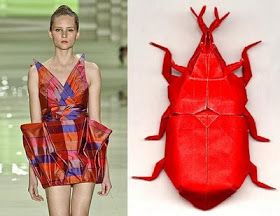a split image with a woman in a plaid dress on the left and a red origami beetle on the right. the woman is wearing a red and blue plaid dress with a fitted bodice and a full skirt. she has her hair pulled back and is wearing light makeup. the origami beetle is a vibrant red color and is detailed with sharp edges and folds. the image is a contrast of fashion and art, with the woman representing modern fashion and the origami beetle representing traditional japanese art.